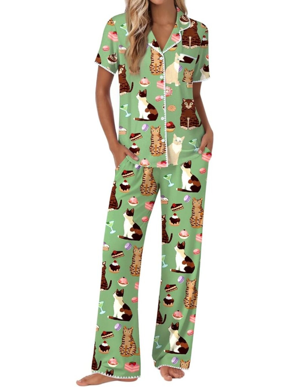 Women Green Cat Print Short Sleeve Sleepwear Button Up Shirt Pajamas Set 2 Piece